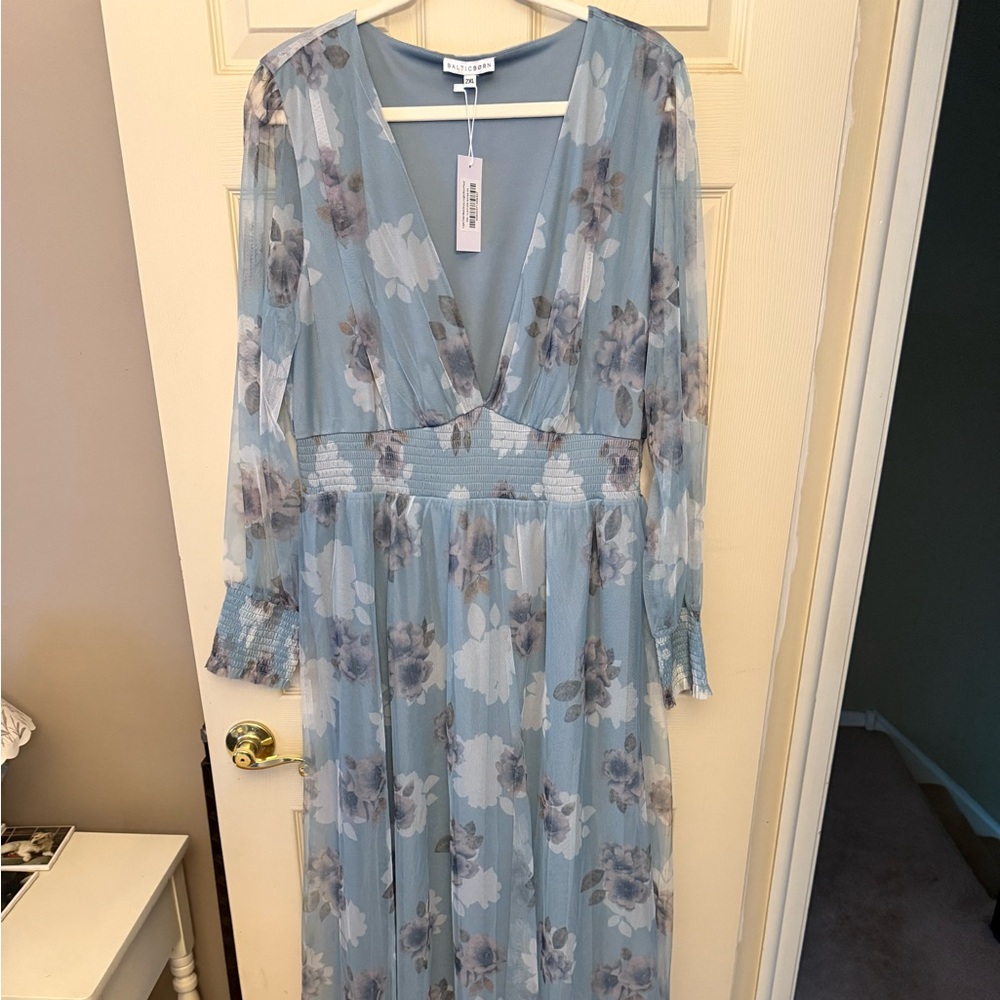 Baltic Born Blue Pink Wrap dress with Bishop Sleeves